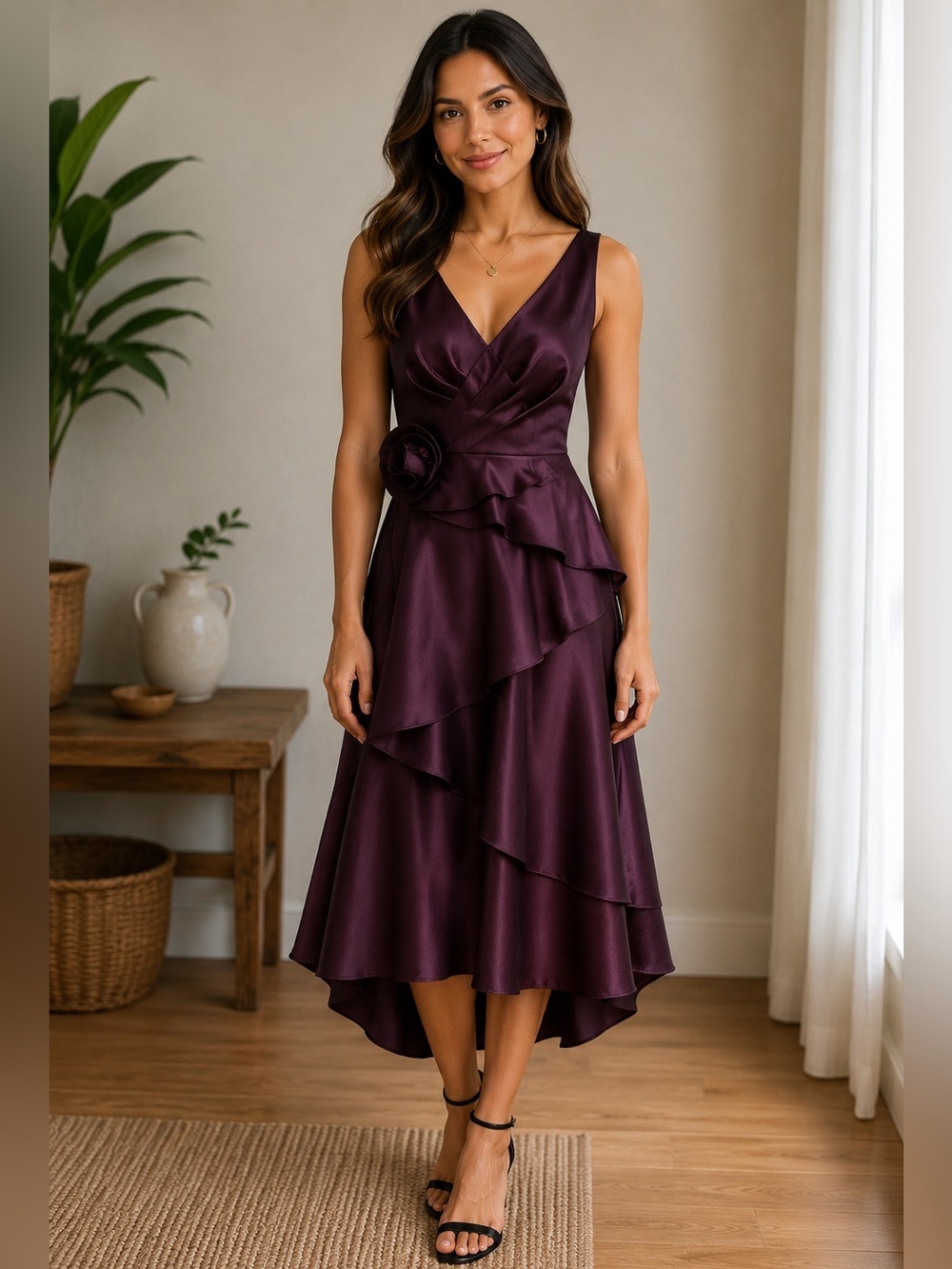 Adrianna Papell Plum Satin V-Neck Ruffled High-Low Cocktail Dress